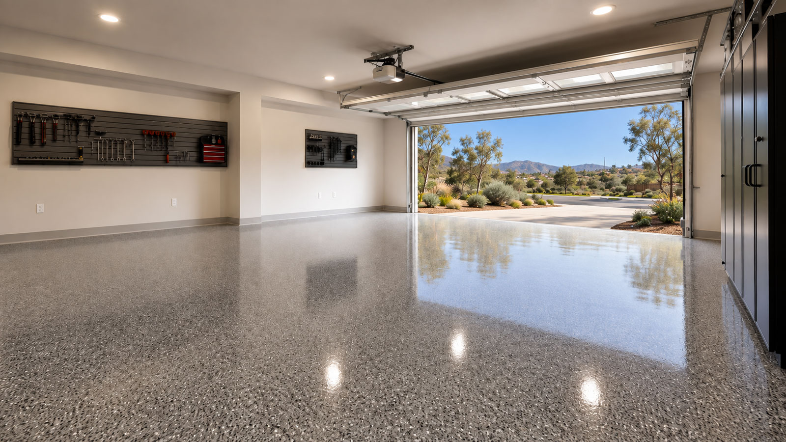 Premium residential garage with professionally coated decorative flake floor
