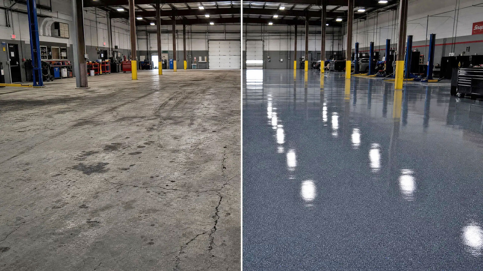 Commercial floor coating before and after — auto shop in Anaheim CA